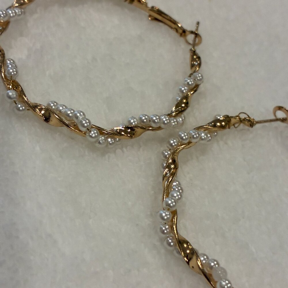 Faux Pearl & Gold Plated Twist Hoop Earrings - Picture 6 of 9